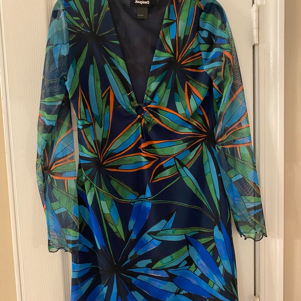Desigual Blue and Green Leaf Print Mini Dress